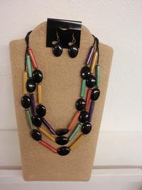 3 Strands Black Beads with Multi Color Tube Beads And Black Oval Shell Necklace Set