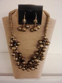 Copper Tone Coconut Chips with Cluster Dangling Necklace Set