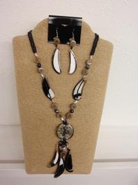 3 Strand Black Beads with Round Resin And Half Moon Shape Dangling Necklace Set